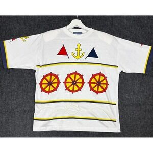 Vintage Sports Accent Nautical Coastal Shirt M Anchor Sailor Shoulder Pads 80s